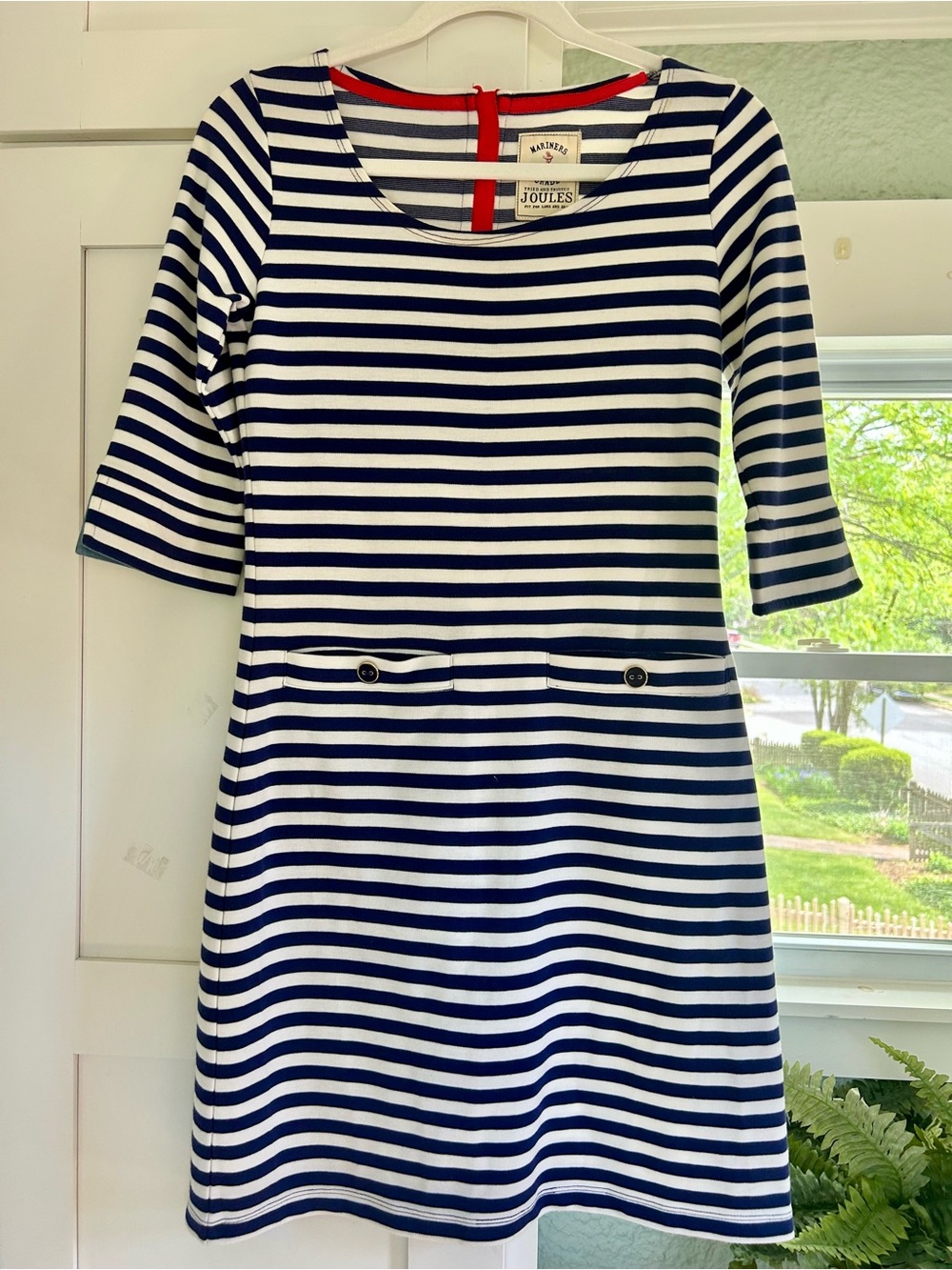 Joules Navy and White Striped Shift Dress with Red Trim sz 4